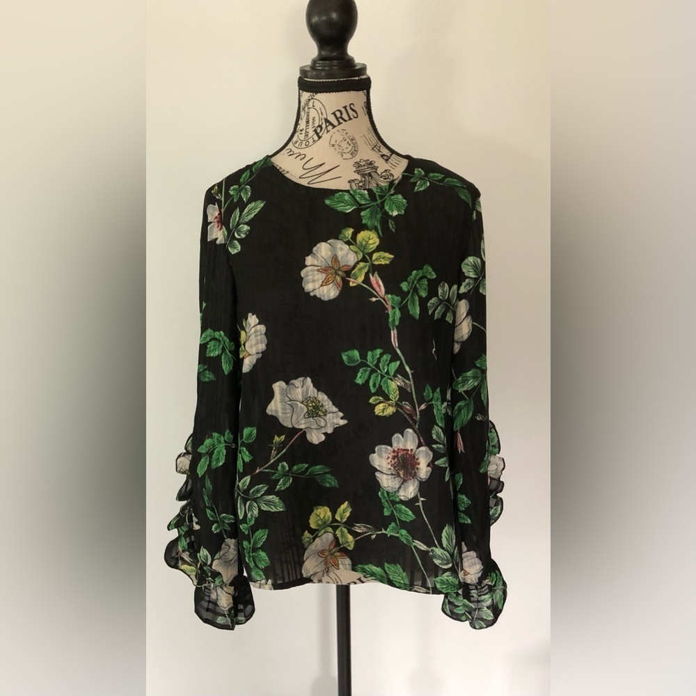 DEX Long Sleeve Blouse Black with Floral Print Size Medium